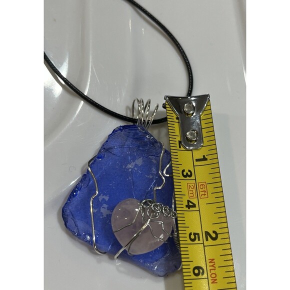 Rose Quartz & Blue Sea Glass Unconditional Love Silver Tone Wire Wrapped Pendant - Picture 5 of 6